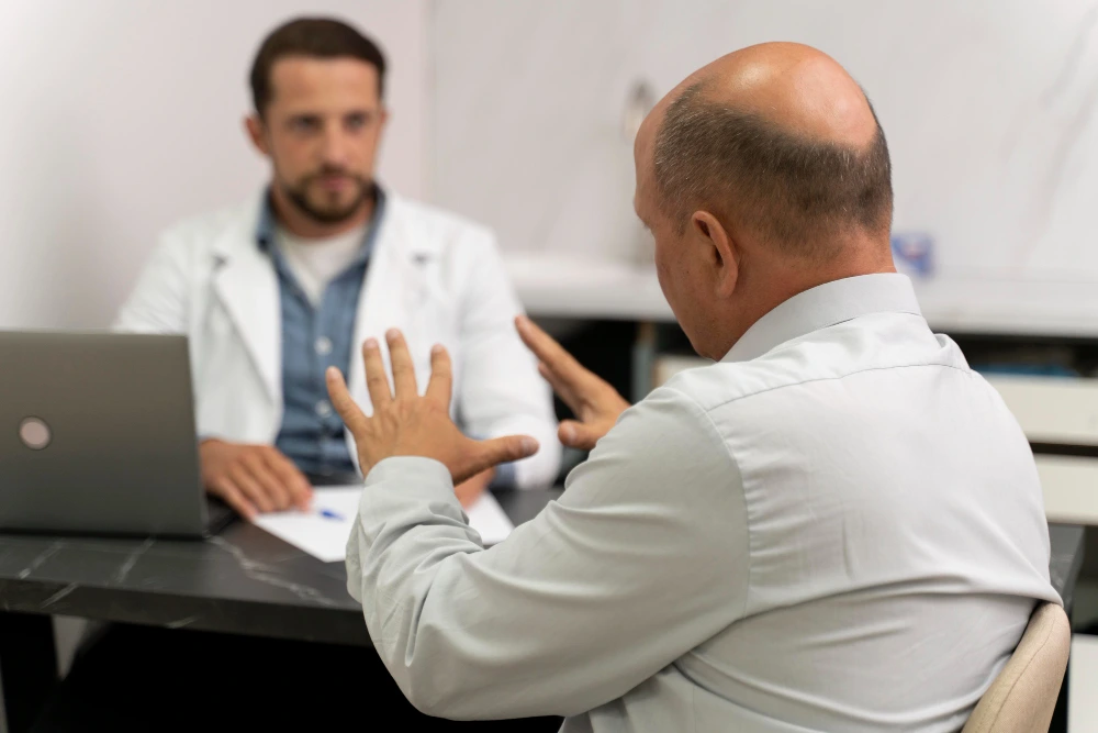 Consultation at a hair clinic in Turkey: bald man asking a surgeon questions to vet clinic and doctor