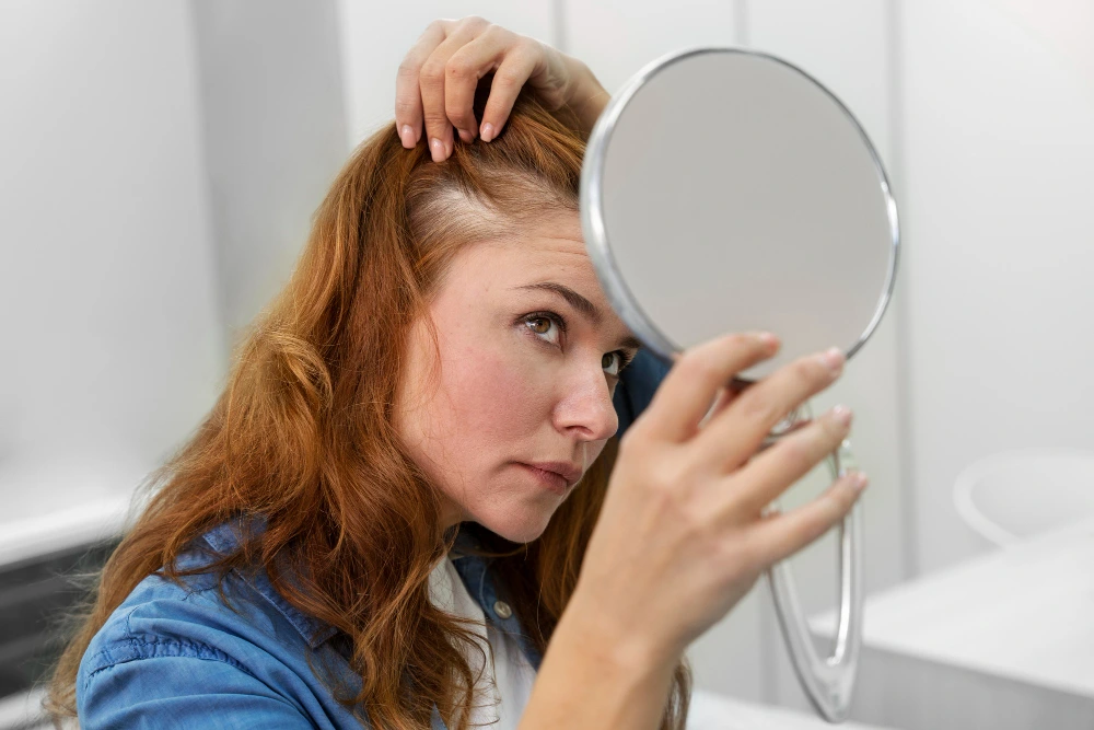 causes of hair loss guide: woman checking hair thinning in the mirror