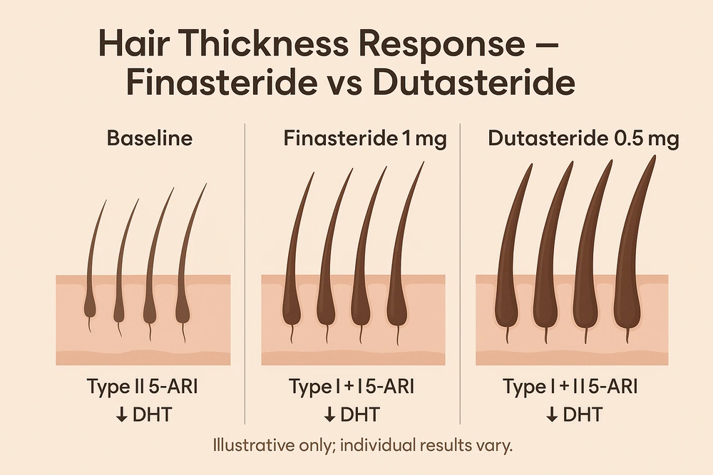 finasteride vs dutasteride — infographic showing baseline vs finasteride 1 mg vs dutasteride 0.5 mg hair thickness