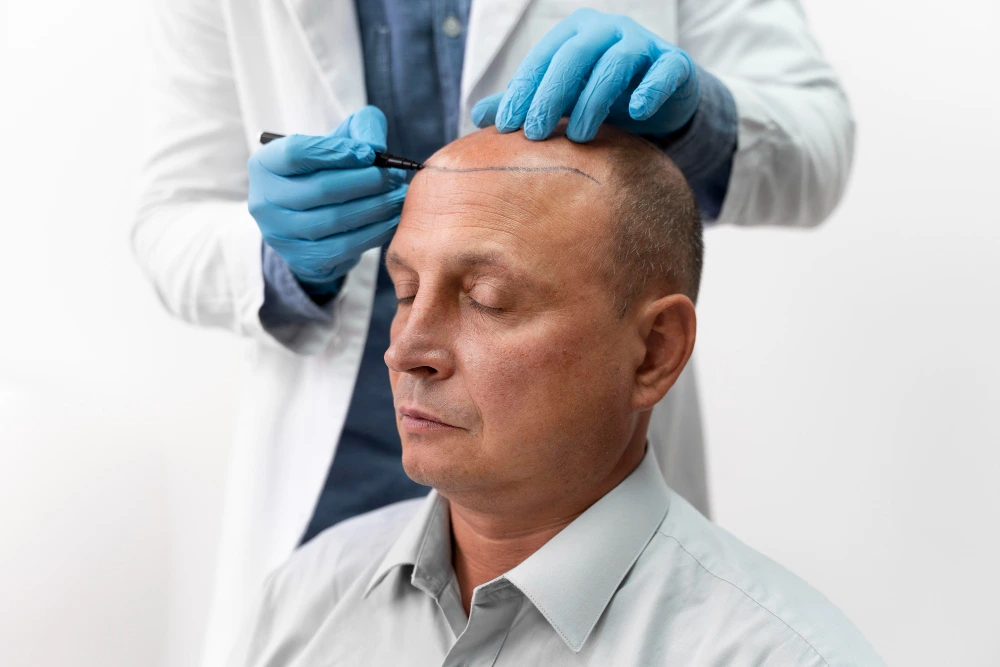 Close-up of hair transplant procedure with sterile instruments and surgical magnification