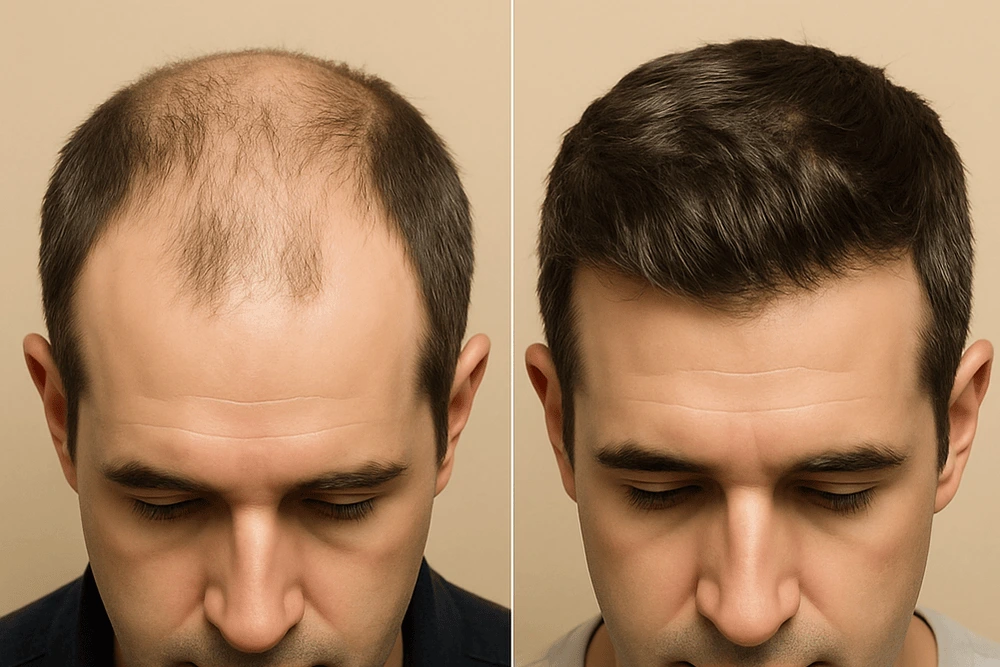 Frontal split-screen before and after hair transplant on beige background with matched lighting and angle
