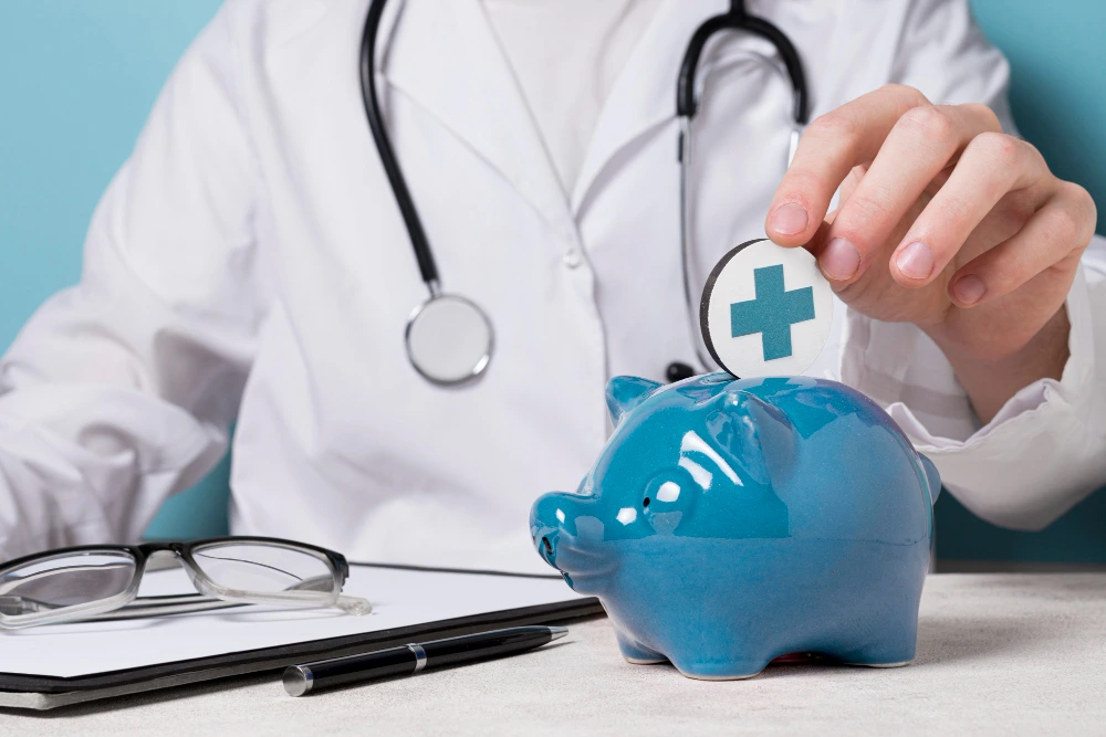 Doctor drops a health coin into a piggy bank, symbolizing hair transplant financing and budgeting