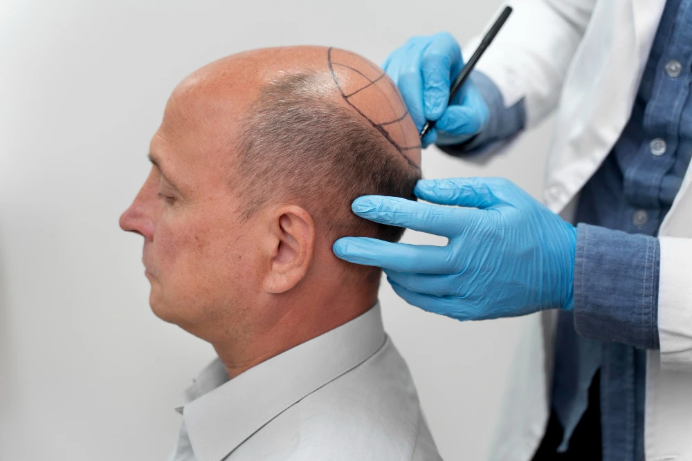 Surgeon drawing hairline design on a male patient's scalp before hair transplant surgery