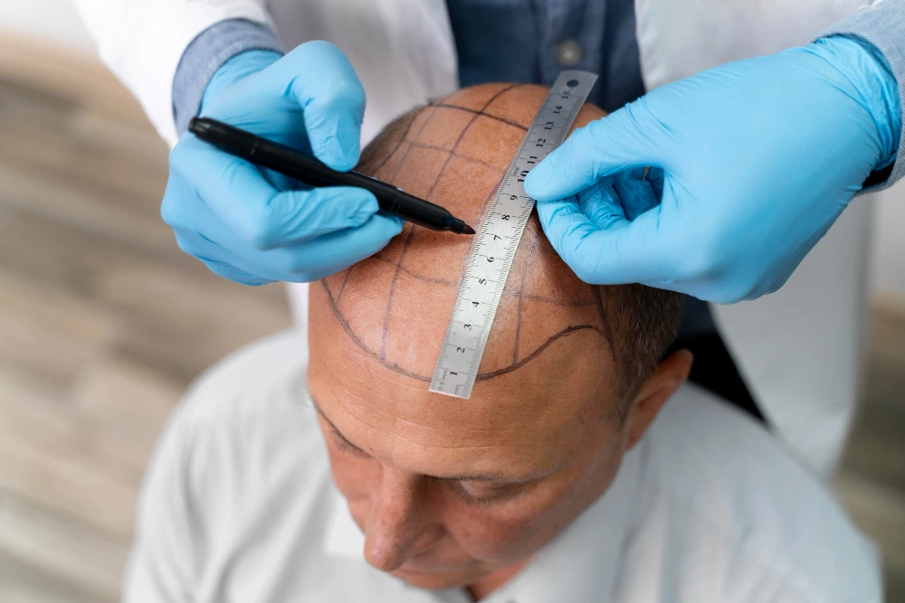 Surgeon drawing preoperative hairline and recipient site markings on the scalp before hair transplant