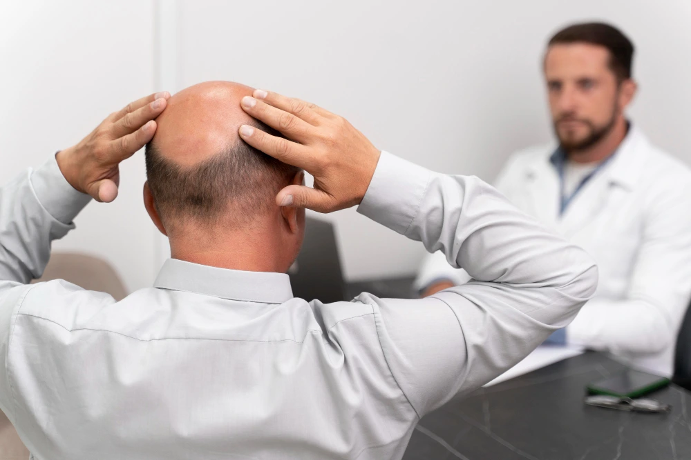 Bald man with both hands on his head during a hair transplant consultation, asking the surgeon pre-op questions