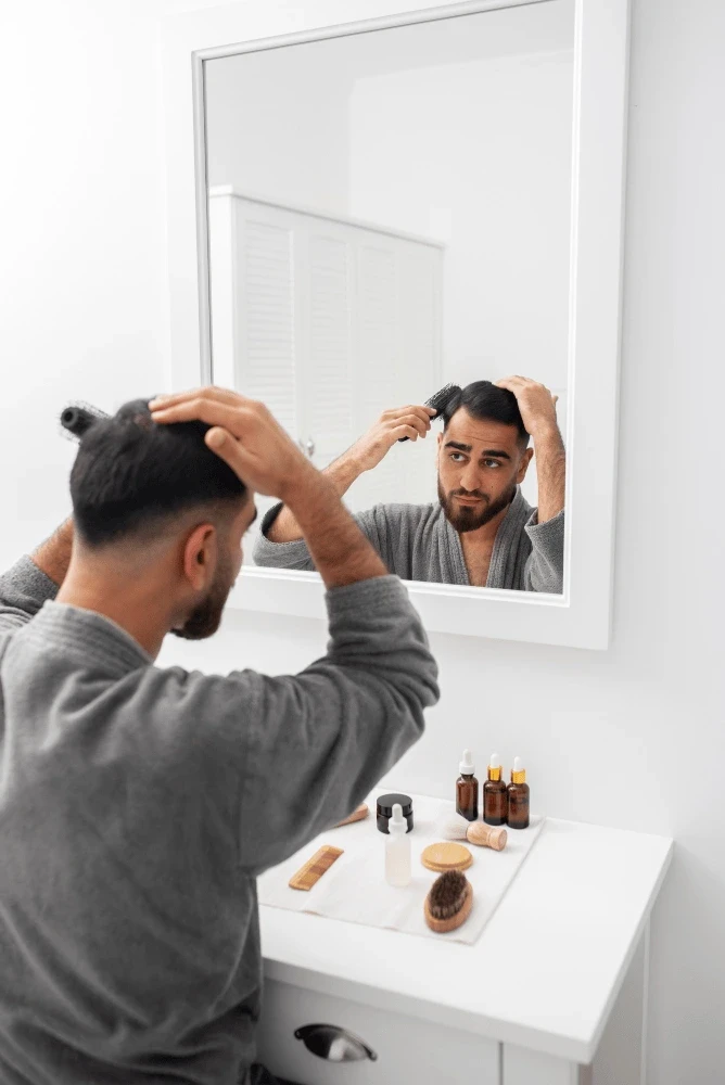 man-inspecting-receding-hairline-bathroom-mirror