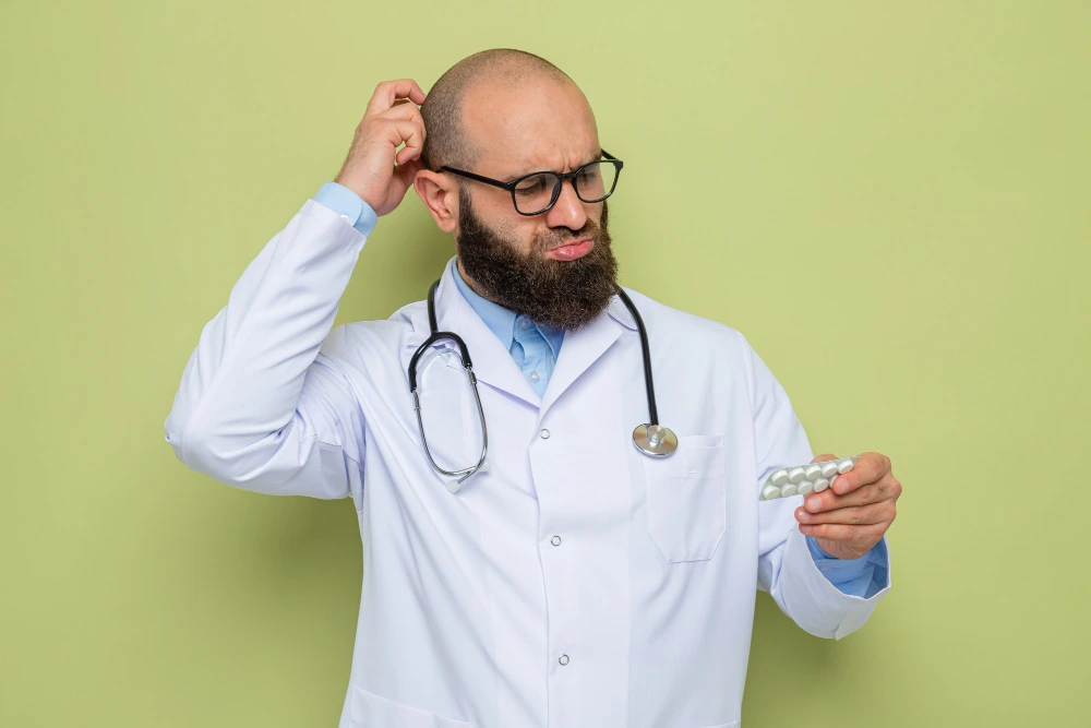 medications causing hair loss: doctor with thinning hair examining a prescription bottle