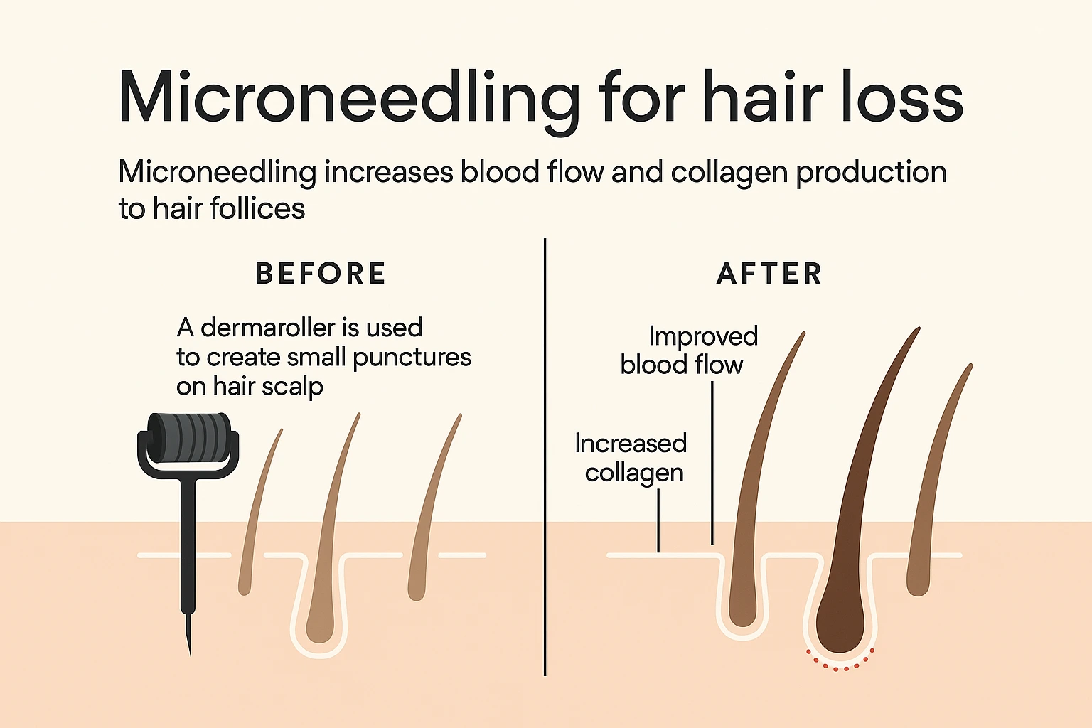 microneedling hair growth — before vs after comparison showing improved blood flow and collagen around follicles