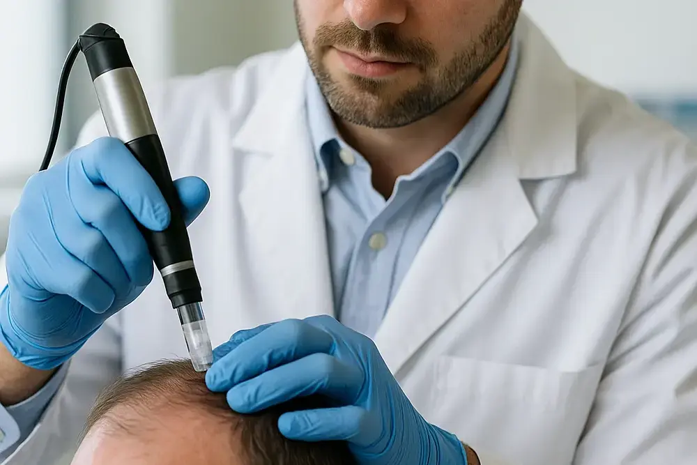 Copywritter Artigos Blog disse: Aqui está a resposta completa novamente (kit pronto para o teu CMS): Filename (≥1200px): microneedling-hair-growth-doctor-using-dermapen-on-male-patient.jpg ALT text: microneedling hair growth — doctor using a dermapen on a male patient's scalp