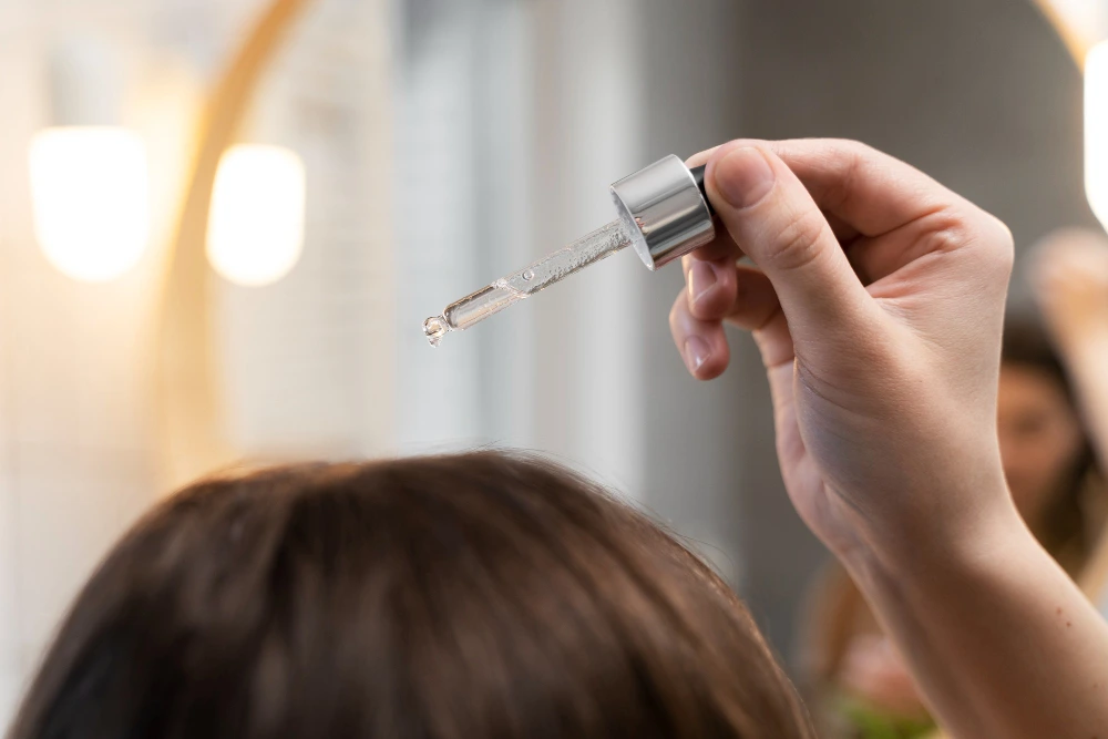 minoxidil foam vs solution — woman applying liquid minoxidil solution directly to the scalp with a dropper