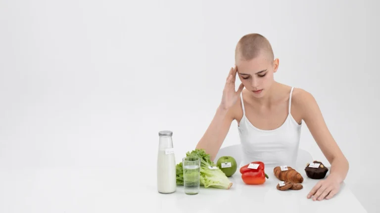vitamin deficiency hair loss — woman with short thinning hair reviewing calories with nutrient-dense foods in front