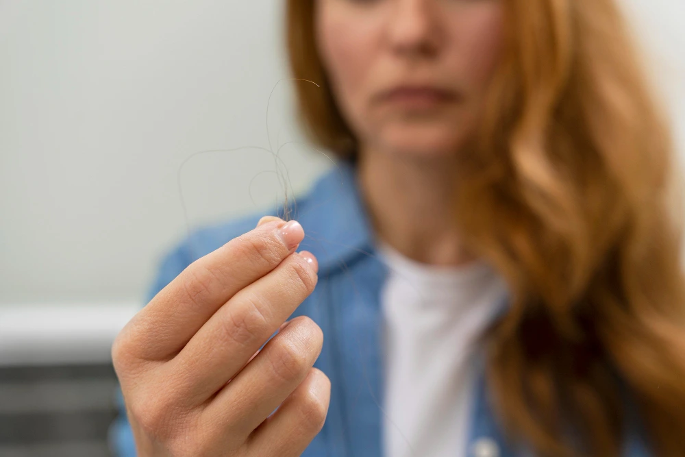 Woman examining fallen hair strands in her hand