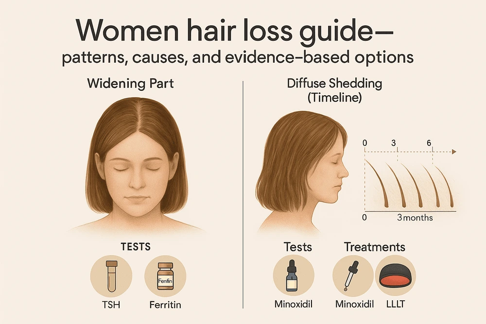 women hair loss guide — patterns, causes, options