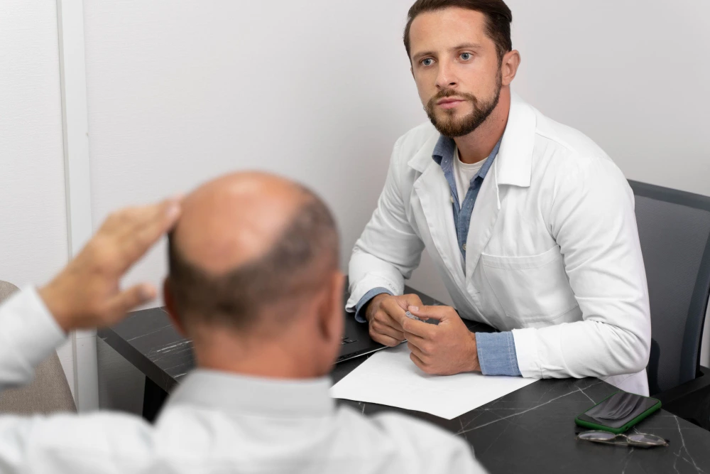 Doctor and male patient discussing donor areas for a beard hair transplant during a medical consultation