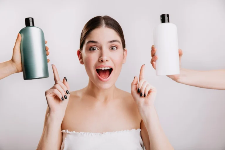 Happy woman found the best shampoo for thinning hair, holding two suitable options