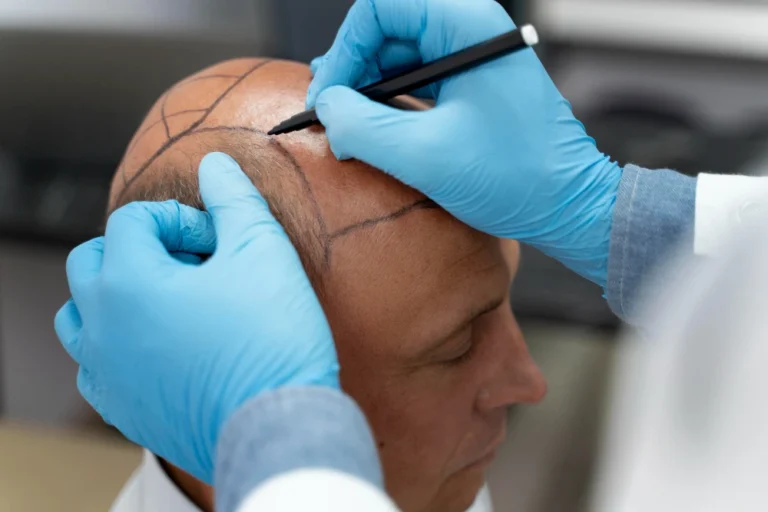 Surgeon marking a man’s hairline and reviewing graft count and target density before a hair transplant