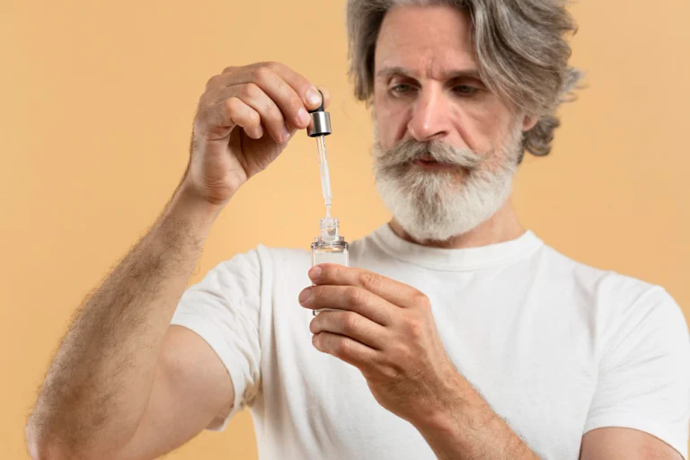Man holding a topical finasteride bottle, preparing to apply to thinning scalp