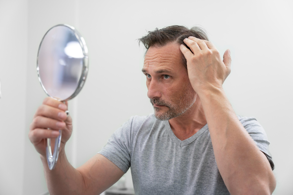 Man looking in the mirror and noticing hair loss and thinning at the hairline
