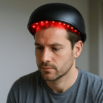 Man wearing an LLLT laser cap with red LEDs for hair growth