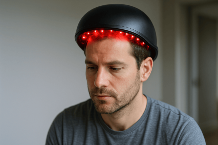 Man wearing an LLLT laser cap with red LEDs for hair growth