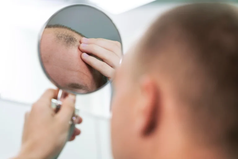 Man checking hair shedding in the mirror after a hair transplant