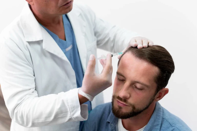 Doctor performing a PRP hair loss treatment, injecting platelet-rich plasma into a patient's scalp