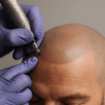 Close-up of scalp micropigmentation: technician’s gloved hands creating tiny dots on a shaved scalp