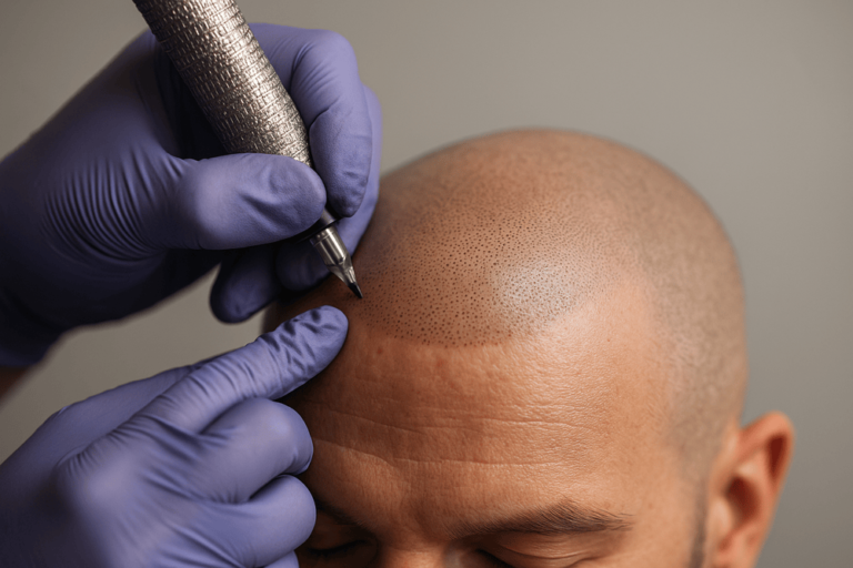 Close-up of scalp micropigmentation: technician’s gloved hands creating tiny dots on a shaved scalp